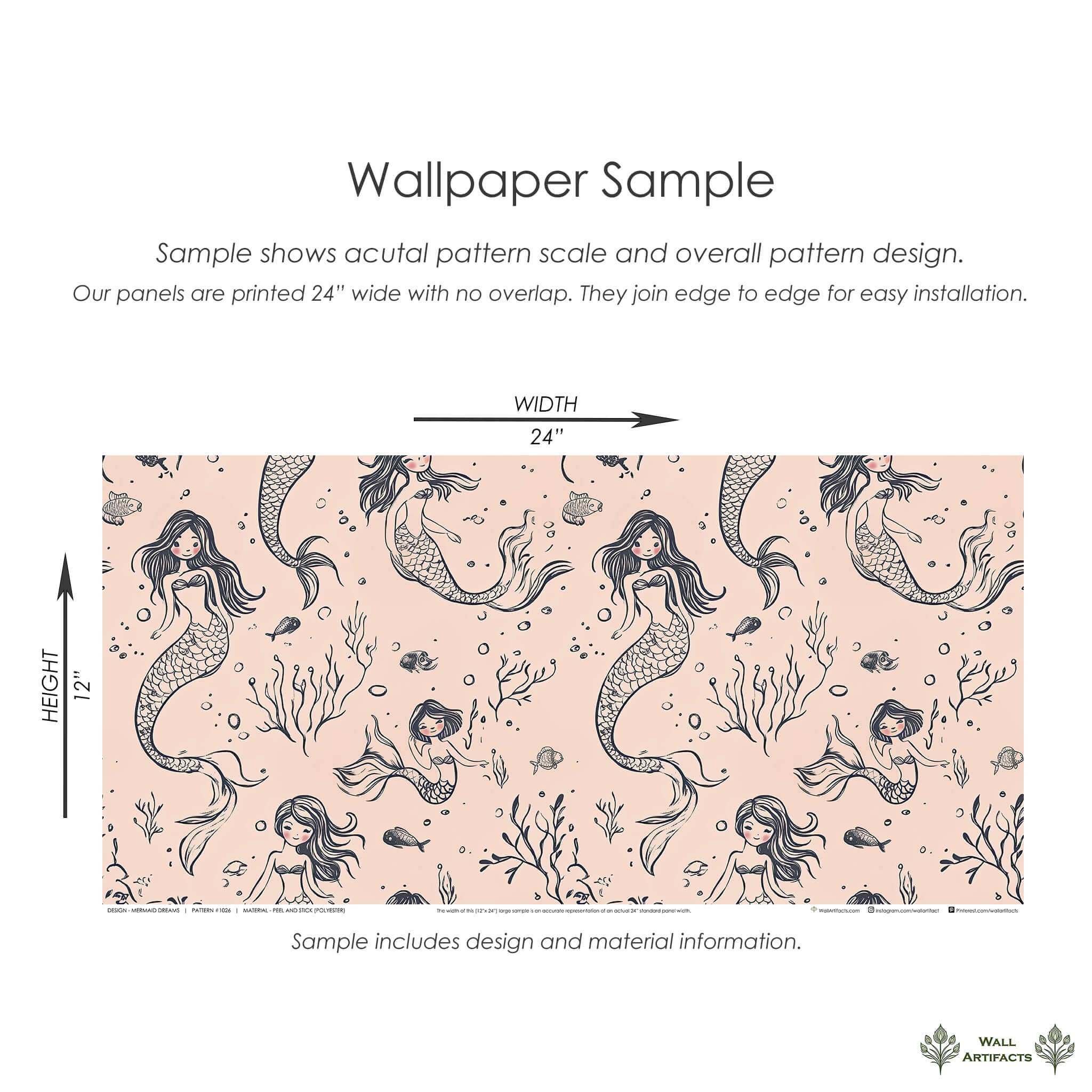 Mermaid Dreams wallpaper sample with ocean-themed design, featuring mermaids, seashells, and marine life, perfect for children's rooms.