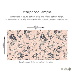 Mermaid Dreams wallpaper sample with ocean-themed design, featuring mermaids, seashells, and marine life, perfect for children's rooms.