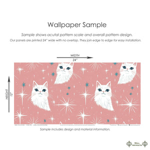 Mid-century modern wallpaper with fluffy white cats and starbursts on dusty pink, ideal for children's nursery or playful studio decor.