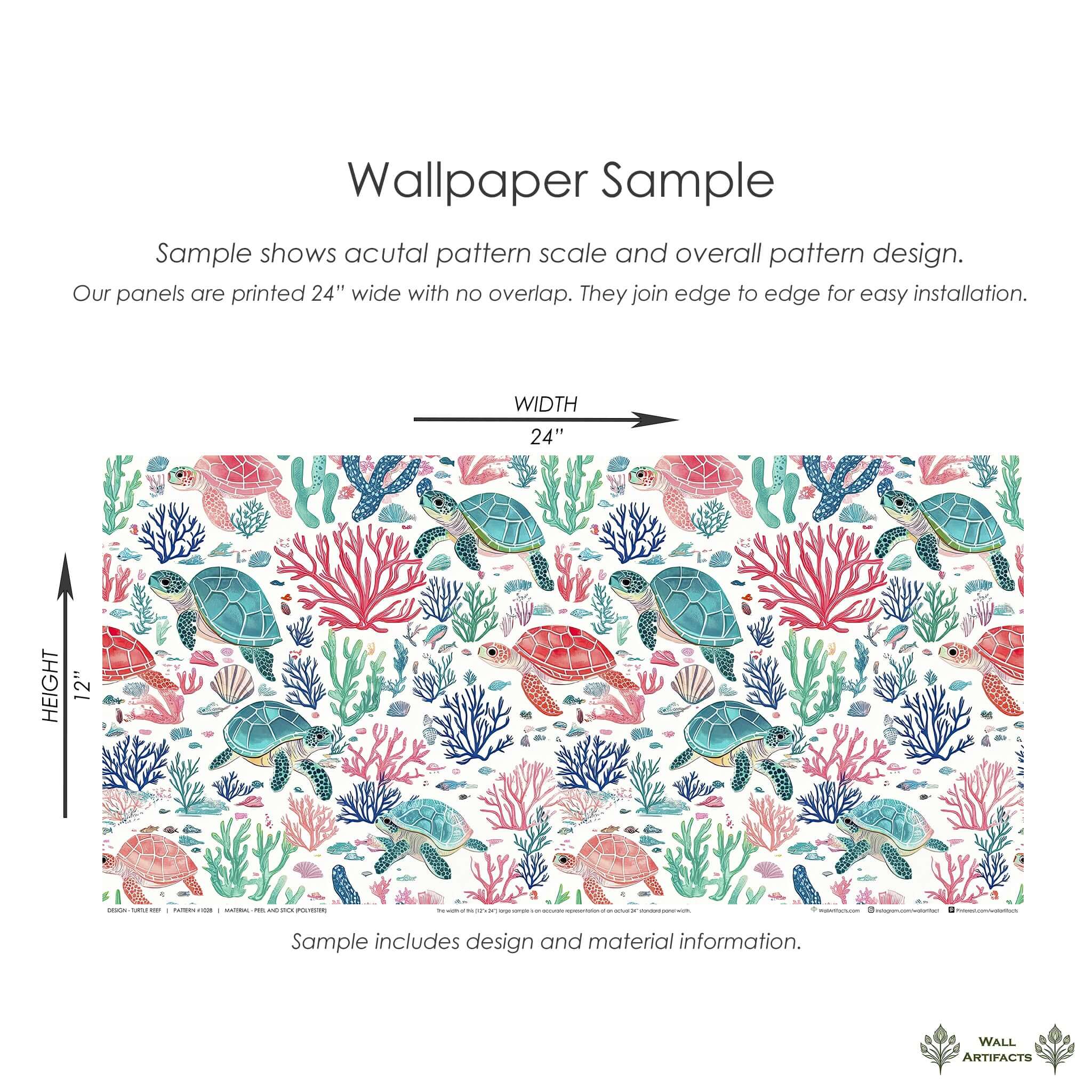 Vibrant Turtle Reef wallpaper sample featuring hand-drawn sea turtles, coral, and seashells, perfect for ocean-themed children's rooms.