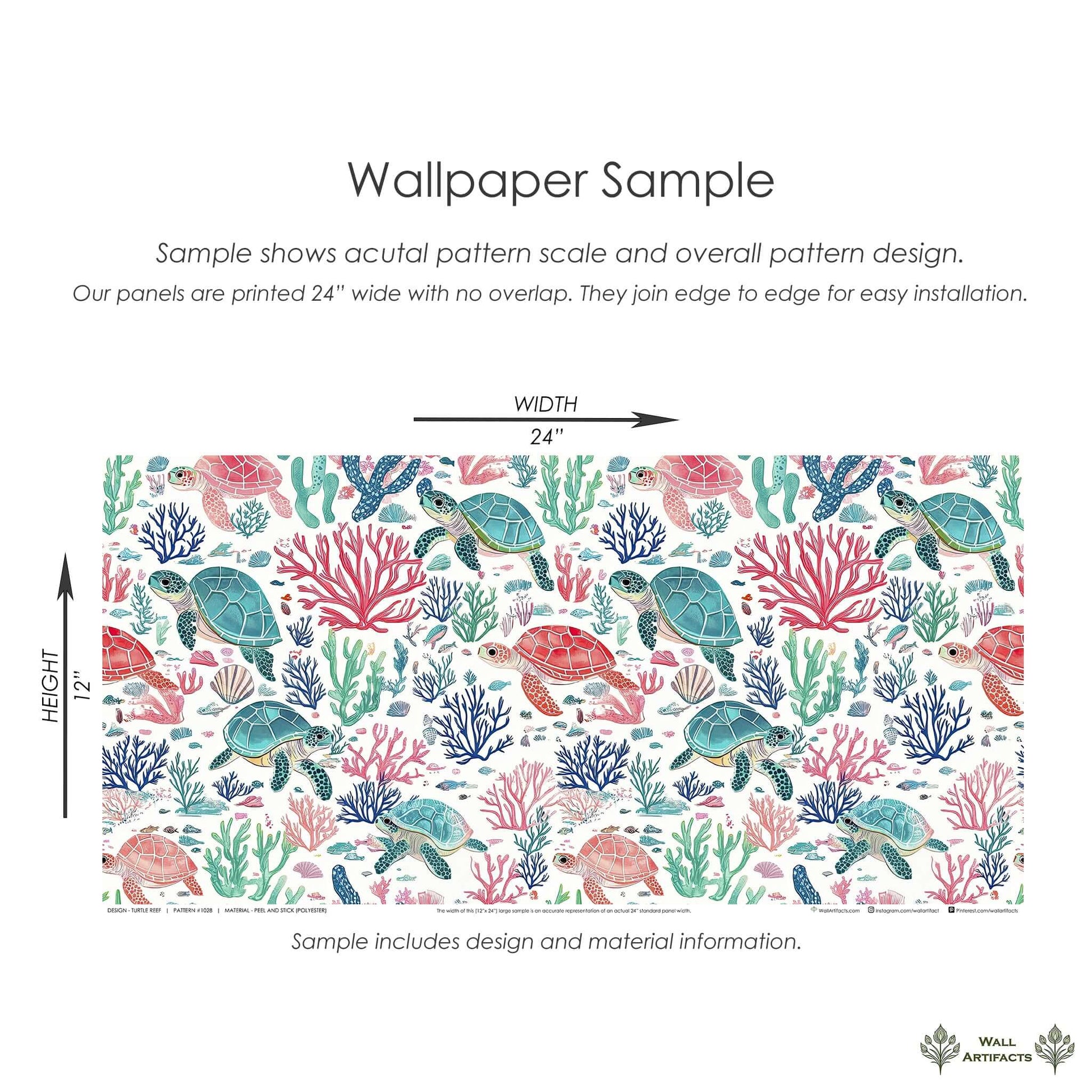 Vibrant Turtle Reef wallpaper sample featuring hand-drawn sea turtles, coral, and seashells, perfect for ocean-themed children's rooms.