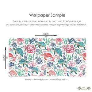 Vibrant Turtle Reef wallpaper sample featuring hand-drawn sea turtles, coral, and seashells, perfect for ocean-themed children's rooms.