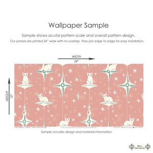 Retro mid-century modern wallpaper with white cats and starbursts, perfect for nurseries or children's rooms. "Starry Kitties" design.
