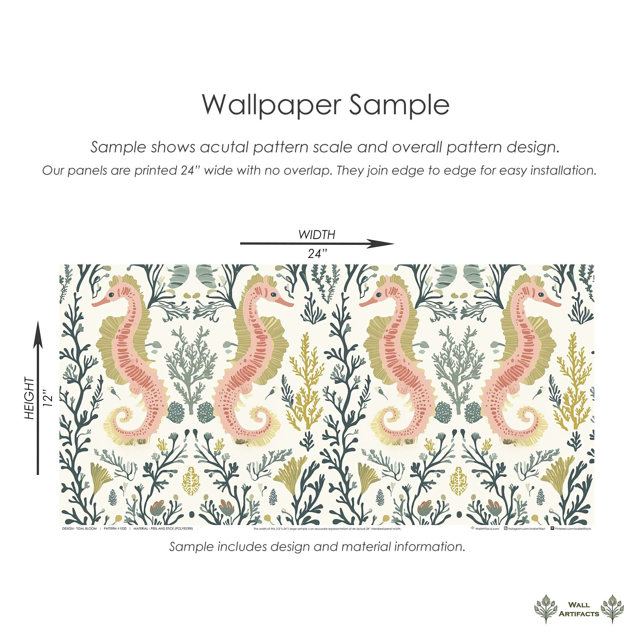 "Tidal Bloom" wallpaper with seahorses, seaweed, and damask pattern in pink, sage, golden hues, offering coastal elegance and versatility.