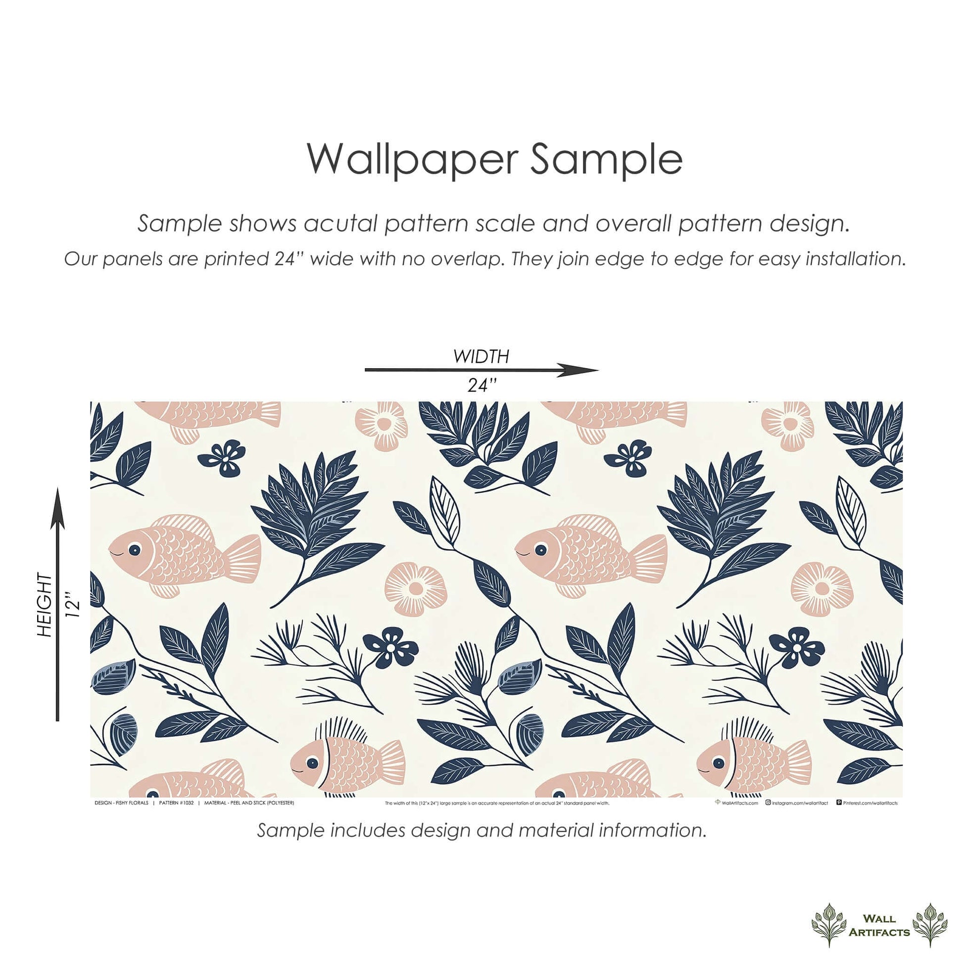Fishy Florals coastal wallpaper sample with blush fish, navy foliage, and floral design, perfect for ocean-inspired home décor.