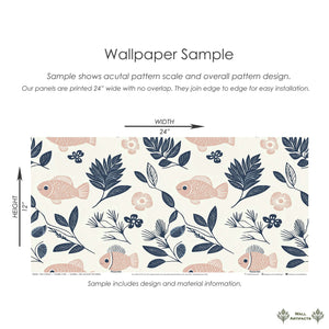 Fishy Florals coastal wallpaper sample with blush fish, navy foliage, and floral design, perfect for ocean-inspired home décor.