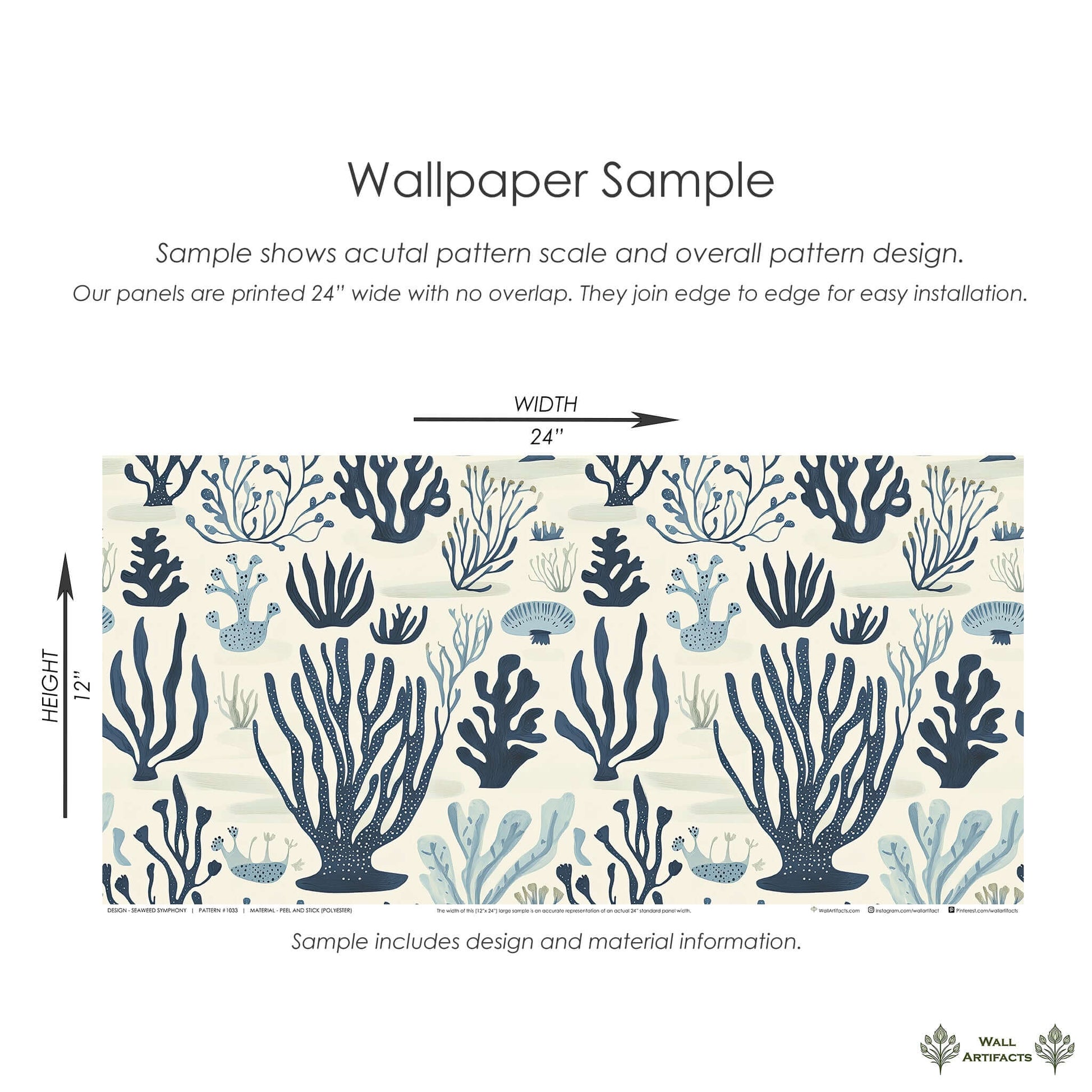 Seaweed Symphony wallpaper sample with navy and seafoam ocean patterns, creating coastal and maritime ambiance for any space.
