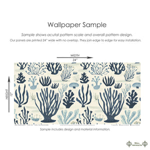 Seaweed Symphony wallpaper sample with navy and seafoam ocean patterns, creating coastal and maritime ambiance for any space.