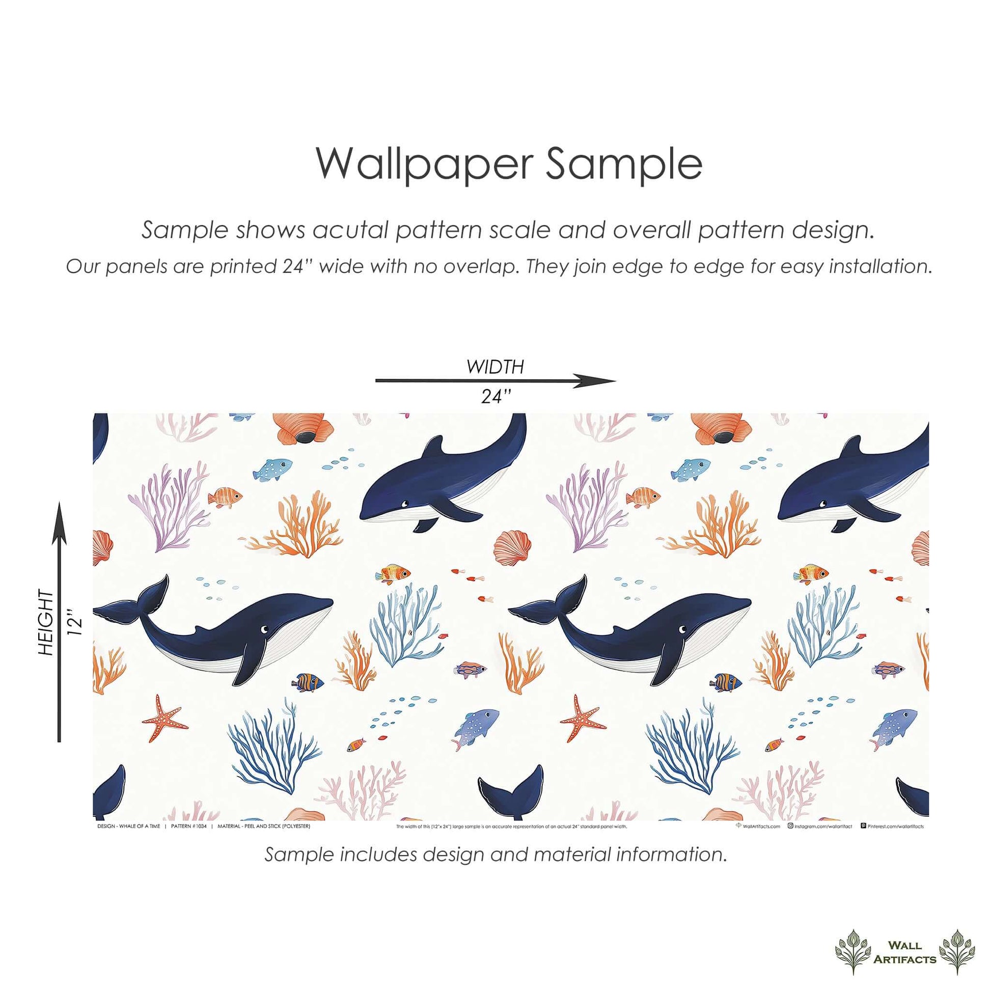 Whale of a Time coastal wallpaper sample with playful whales, colorful coral, and seaweed for ocean-themed spaces. Easy installation.