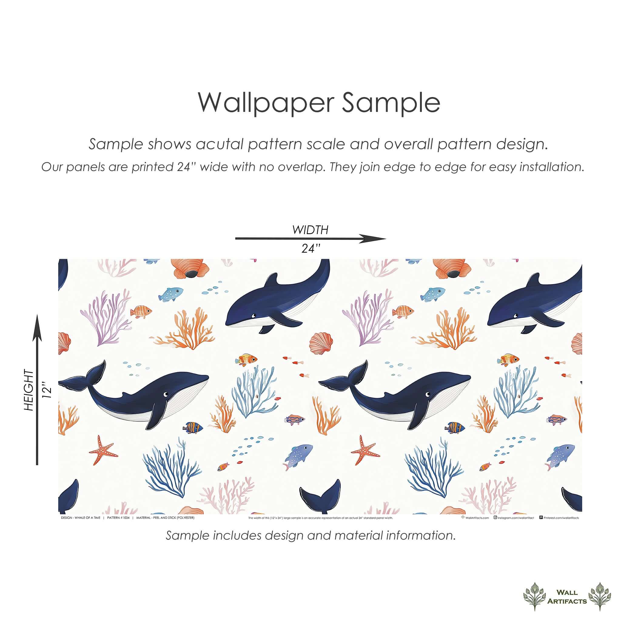 Whale of a Time coastal wallpaper sample with playful whales, colorful coral, and seaweed for ocean-themed spaces. Easy installation.