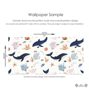 Whale of a Time coastal wallpaper sample with playful whales, colorful coral, and seaweed for ocean-themed spaces. Easy installation.