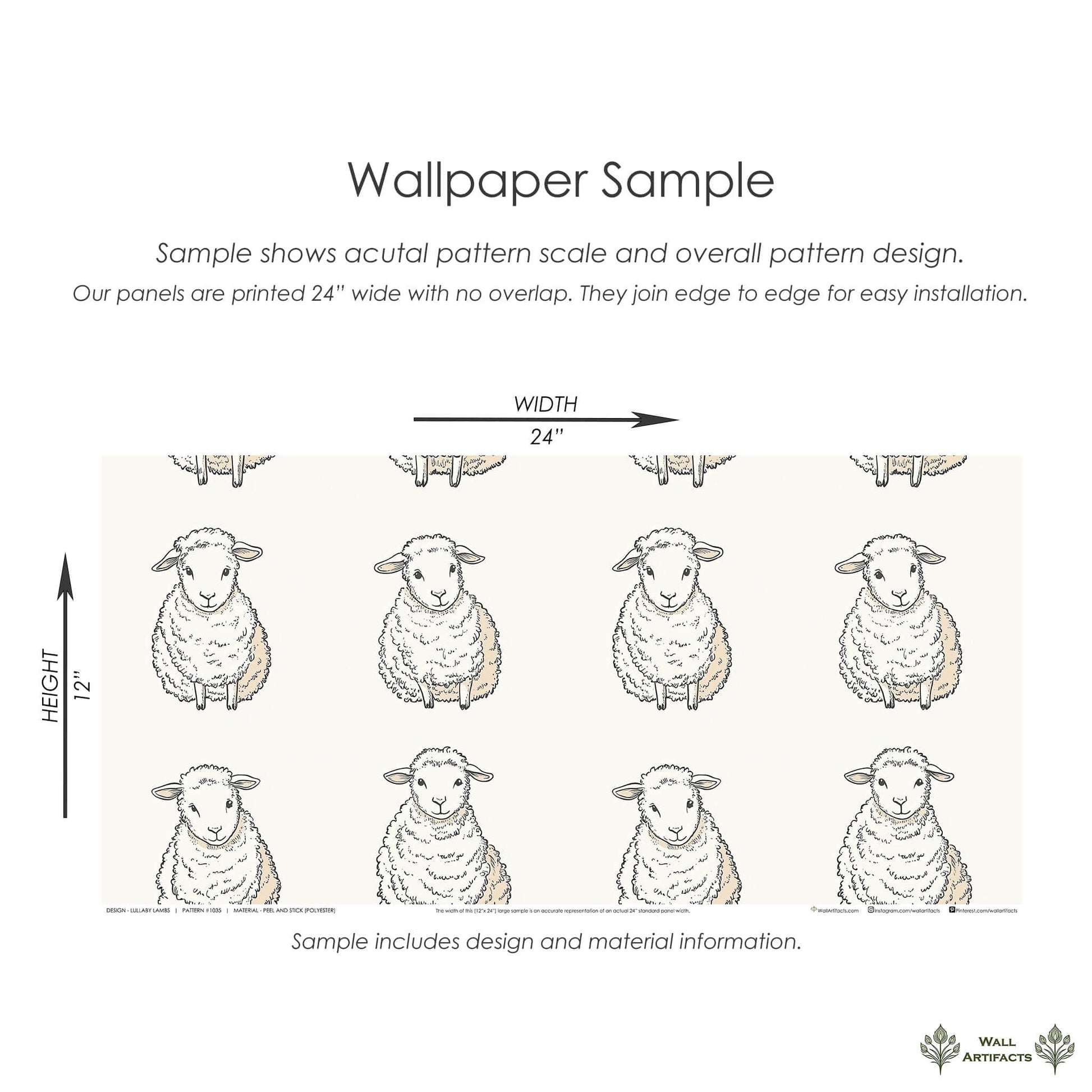 Wallpaper sample of "Lullaby Lambs" with fluffy lambs on cream background, perfect for children’s nursery or playroom decor.