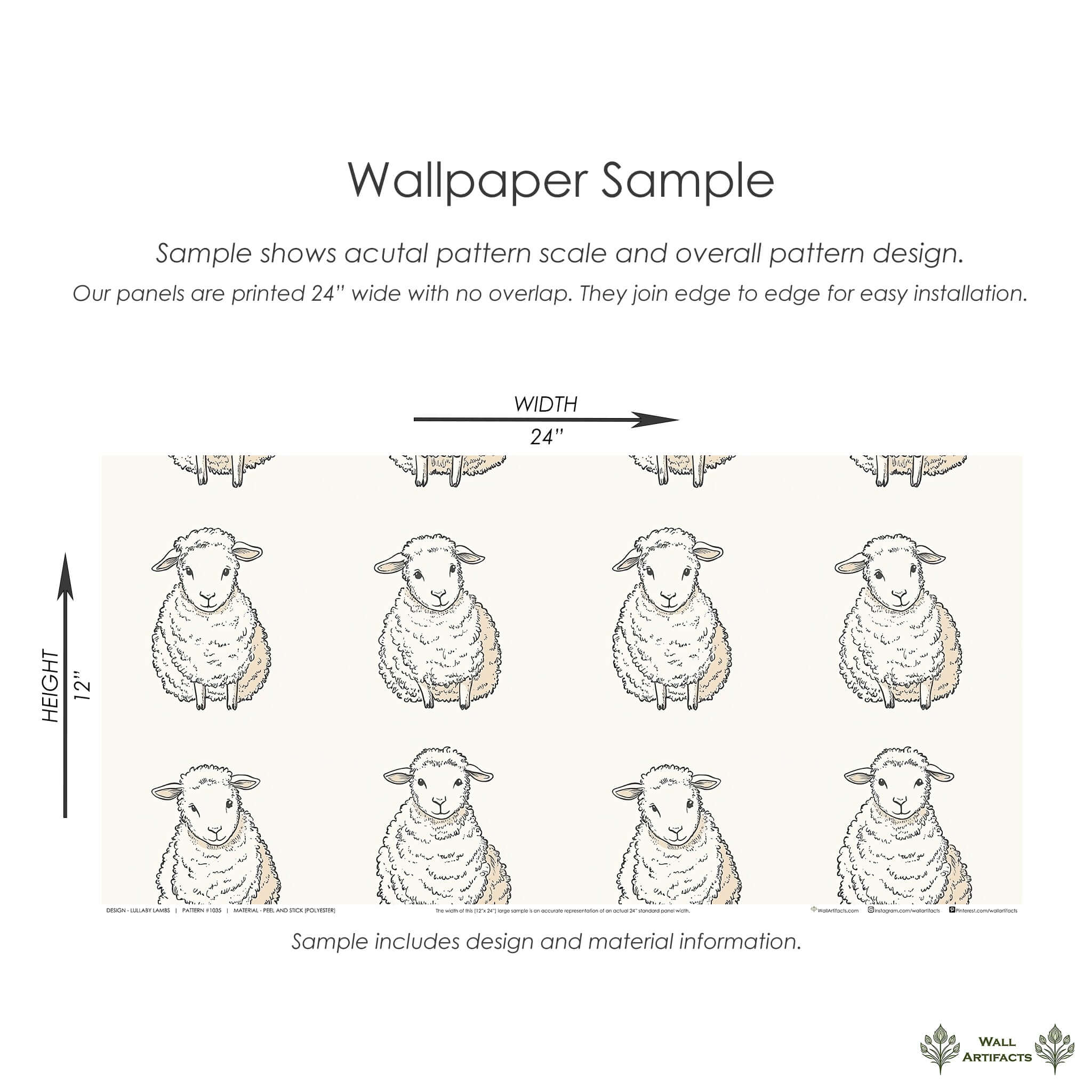 Wallpaper sample of "Lullaby Lambs" with fluffy lambs on cream background, perfect for children’s nursery or playroom decor.