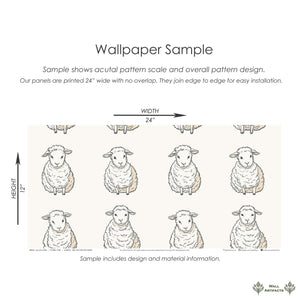 Wallpaper sample of "Lullaby Lambs" with fluffy lambs on cream background, perfect for children’s nursery or playroom decor.
