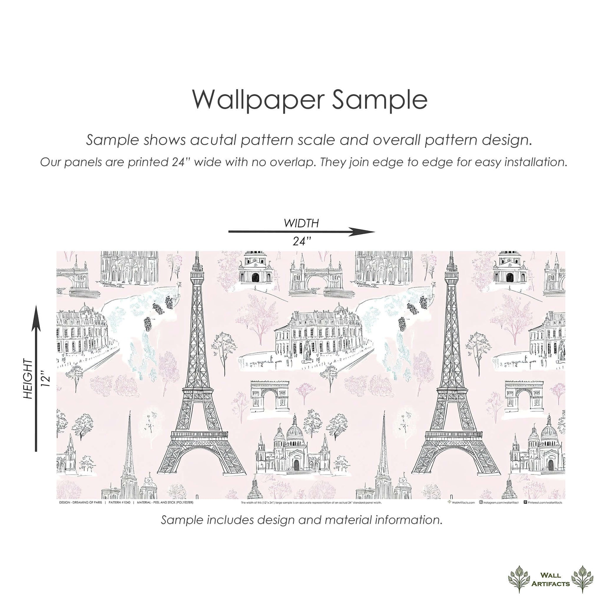 Dreaming of Paris wallpaper sample featuring Eiffel Tower, Arc de Triomphe in pink toile design, perfect for nurseries or playrooms.