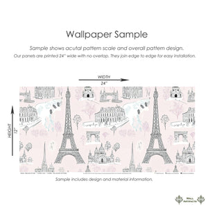 Dreaming of Paris wallpaper sample featuring Eiffel Tower, Arc de Triomphe in pink toile design, perfect for nurseries or playrooms.