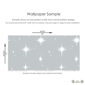 Wallpaper sample of 'Dreamy Night Sky' with white stars on gray background, ideal for children's rooms and nurseries.