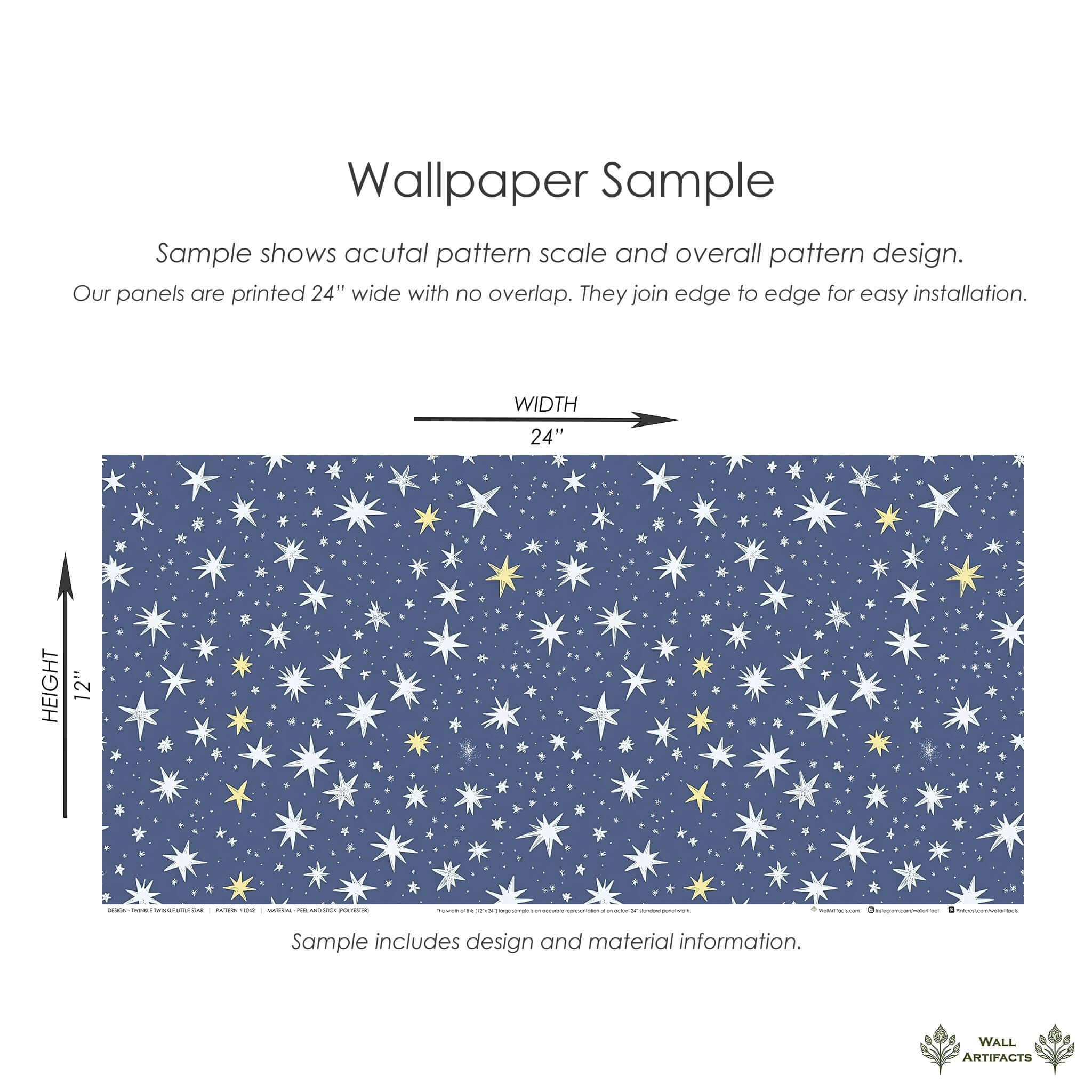 Twinkle Twinkle Little Star wallpaper sample with white and golden stars on navy, perfect for children's nurseries and playrooms.