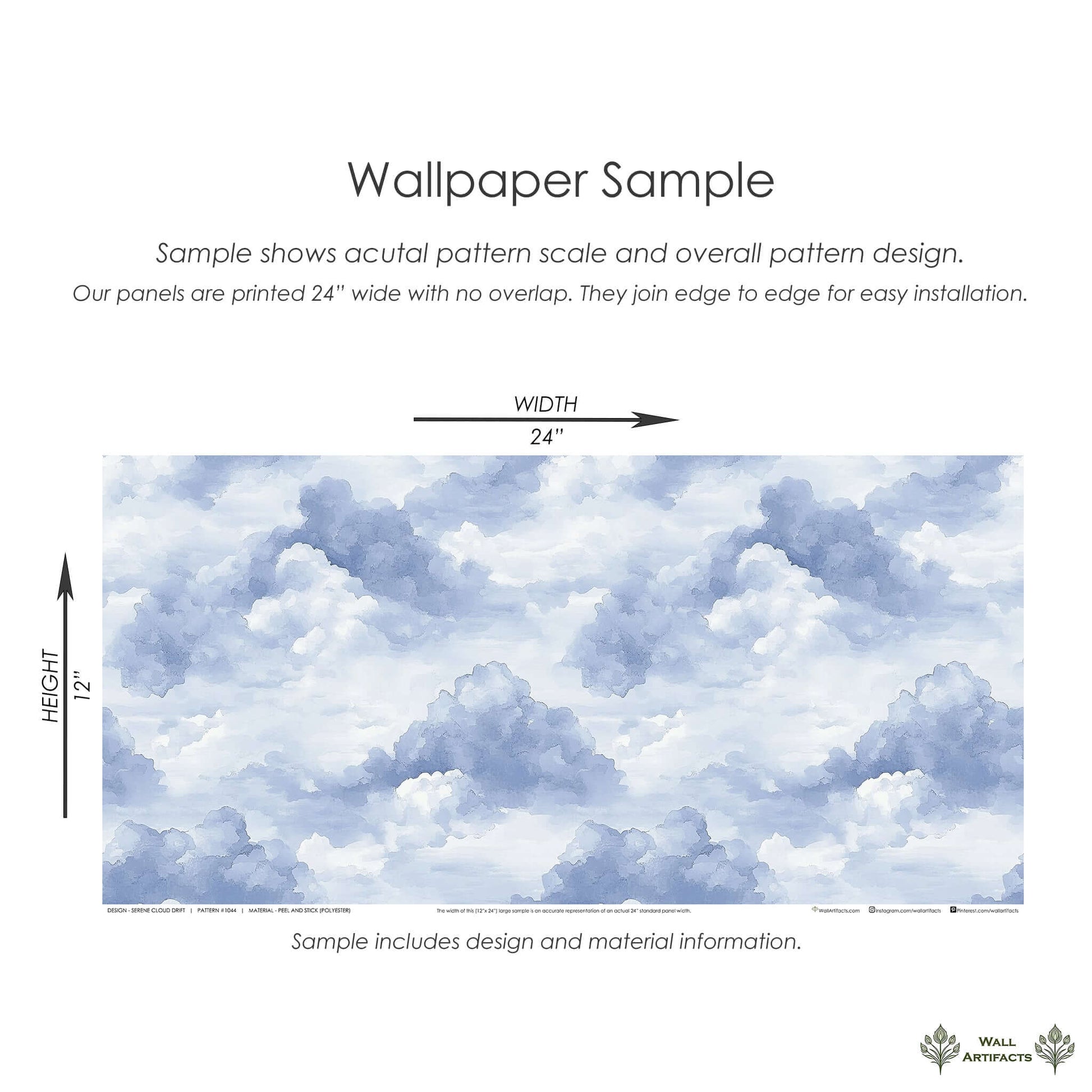 Serene Cloud Drift wallpaper with watercolor blue sky design for a nursery or children's playroom, featuring calming clouds.