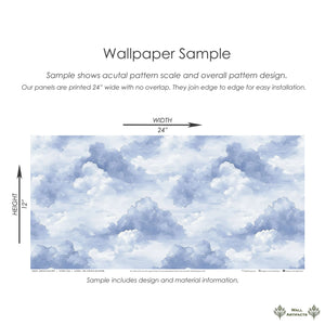 Serene Cloud Drift wallpaper with watercolor blue sky design for a nursery or children's playroom, featuring calming clouds.
