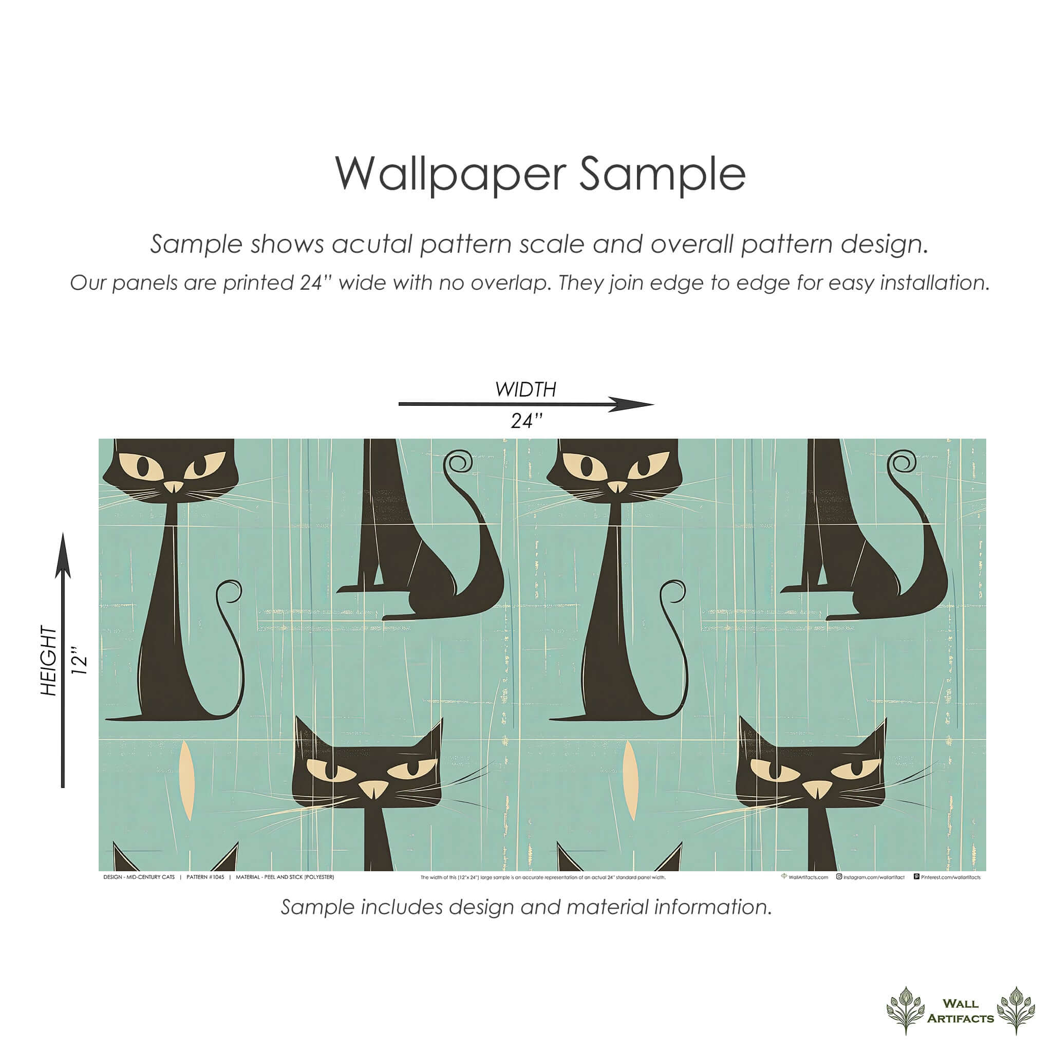 Mid-century cats wallpaper sample with sleek black cats on distressed teal for stylish nursery or playroom decor, 24x12 inches.