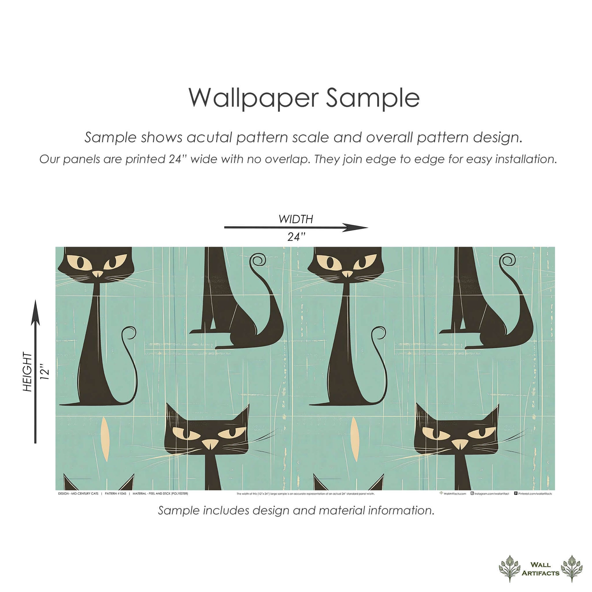 Mid-century cats wallpaper sample with sleek black cats on distressed teal for stylish nursery or playroom decor, 24x12 inches.