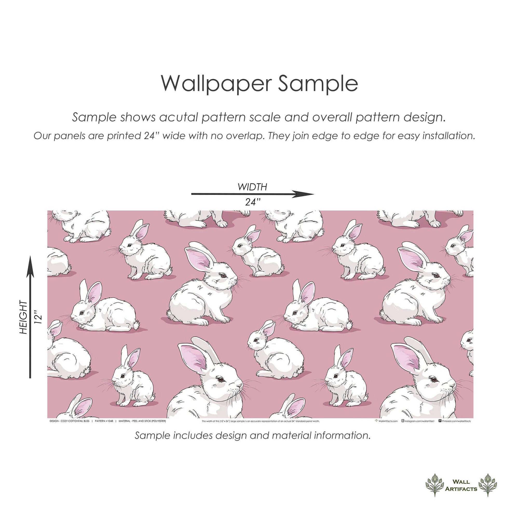 Cozy Cottontail Bliss Wallpaper sample with white rabbits and mauve-pink background, ideal for children's nursery or playroom decor.