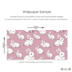 Cozy Cottontail Bliss Wallpaper sample with white rabbits and mauve-pink background, ideal for children's nursery or playroom decor.