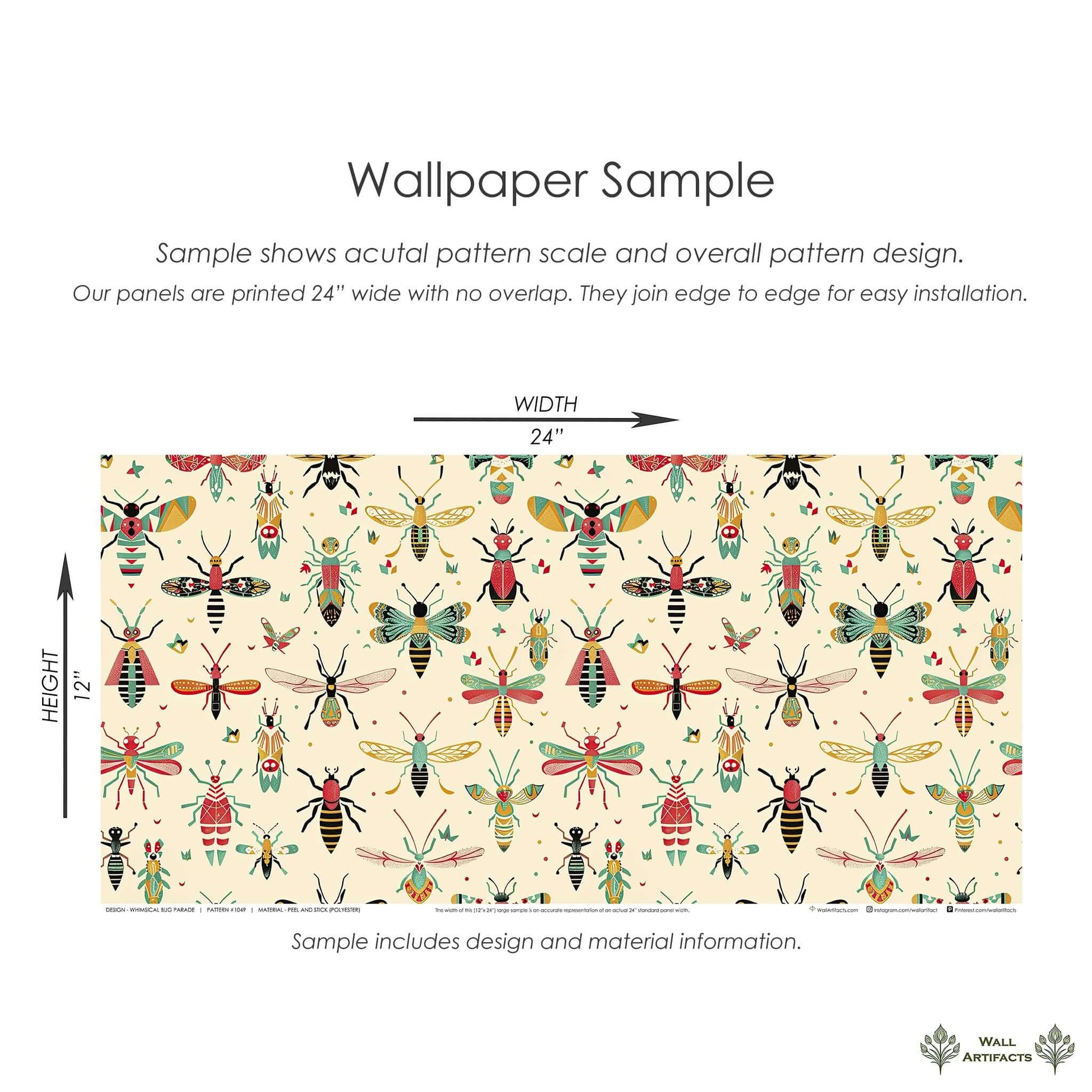 Whimsical Bug Parade Wallpaper sample featuring colorful insects, ideal for children’s rooms and nurseries by Wall Artifacts.