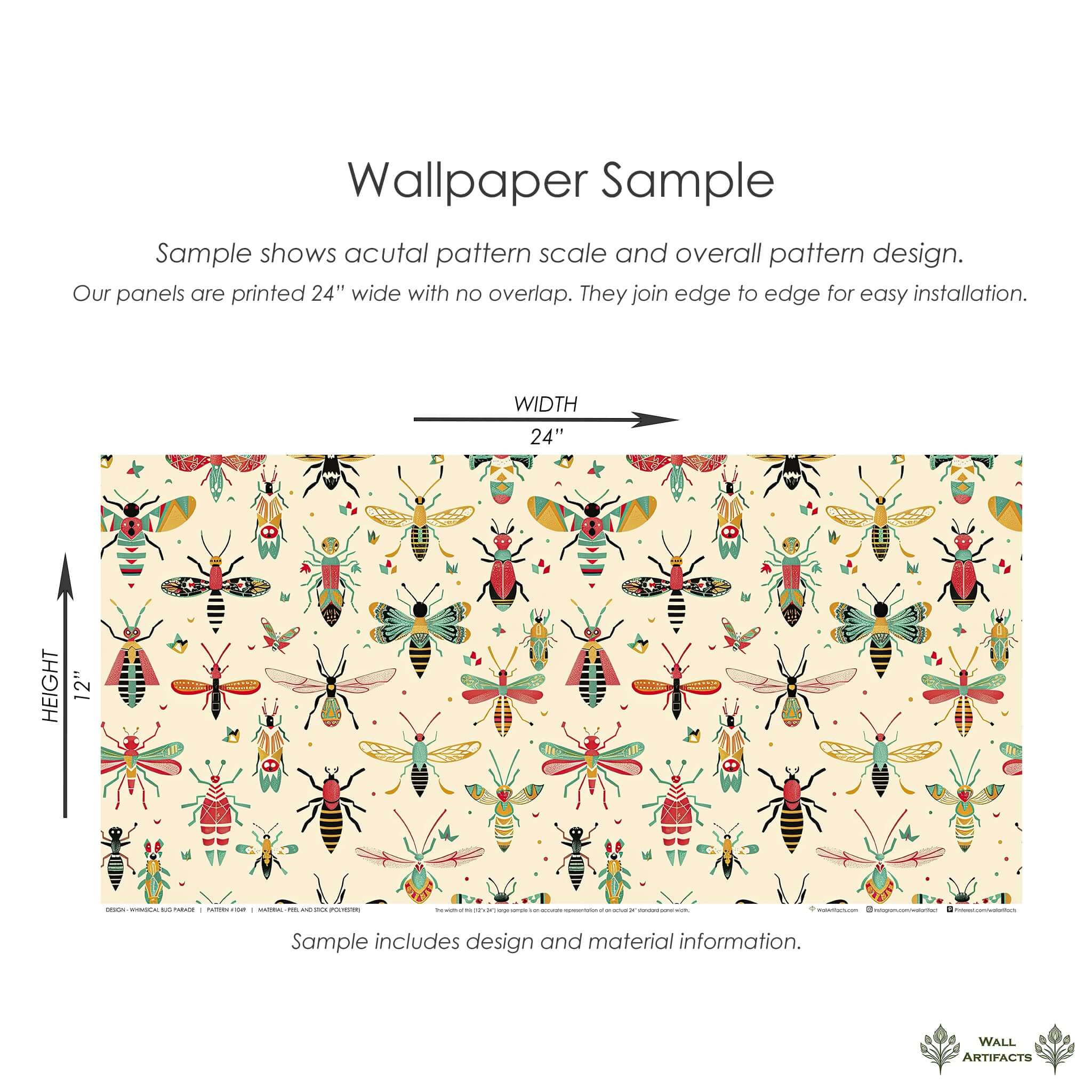 Whimsical Bug Parade Wallpaper sample featuring colorful insects, ideal for children’s rooms and nurseries by Wall Artifacts.