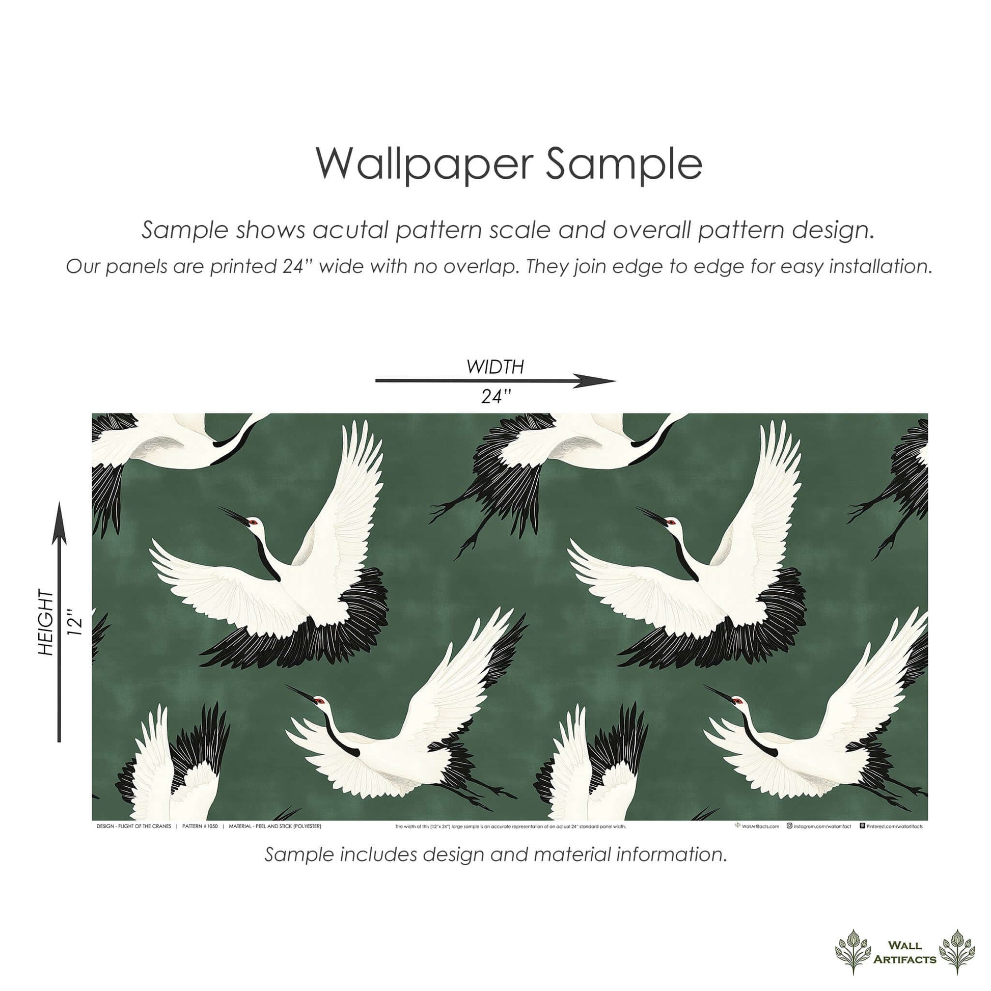 Flight of the Cranes wallpaper sample with white cranes soaring on a green background, showcasing classic and contemporary design.