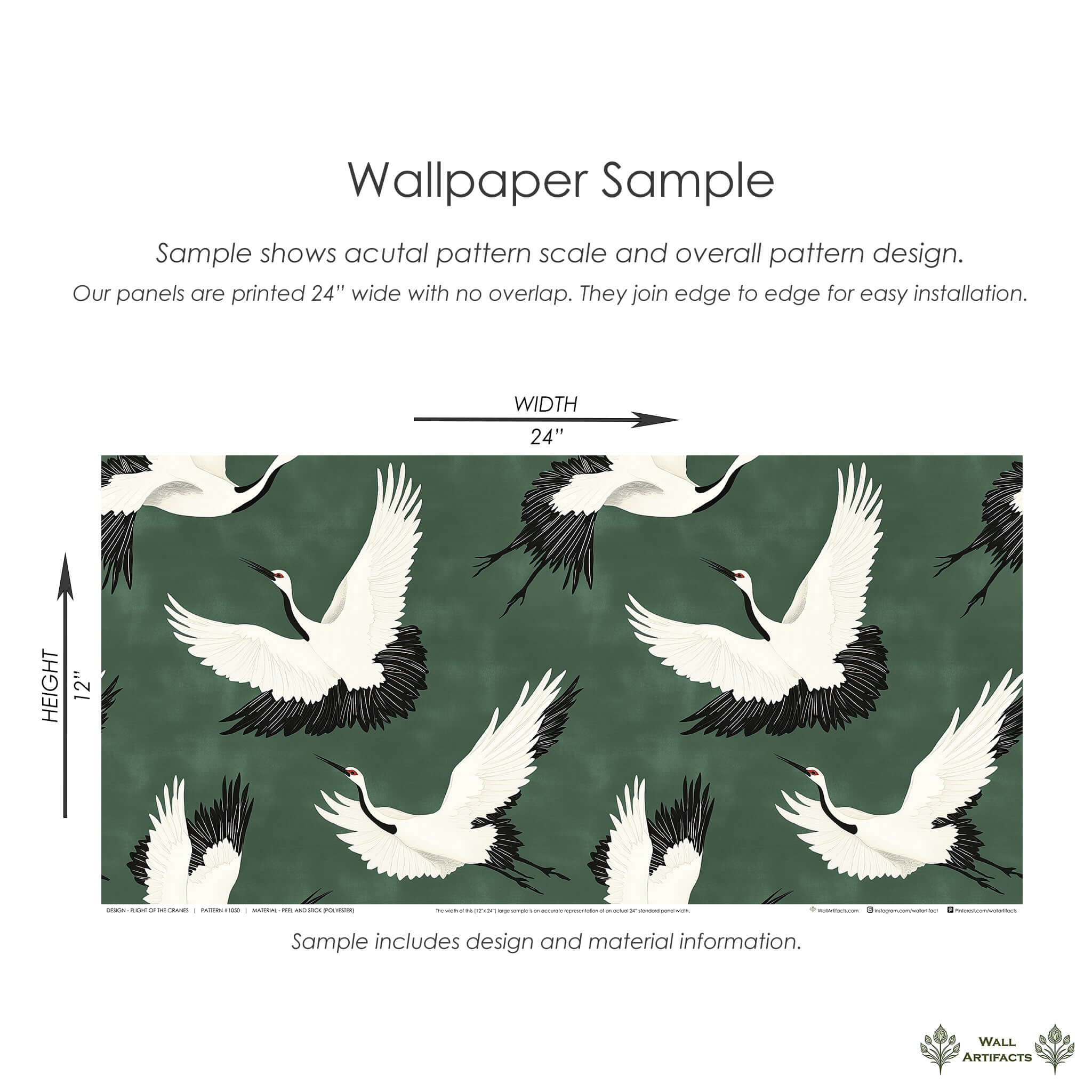 Flight of the Cranes wallpaper sample with white cranes soaring on a green background, showcasing classic and contemporary design.
