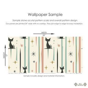 Cosmic Cats Wallpaper sample with black cats, starbursts, and pastel shapes, ideal for mid-century modern playrooms or nursery.