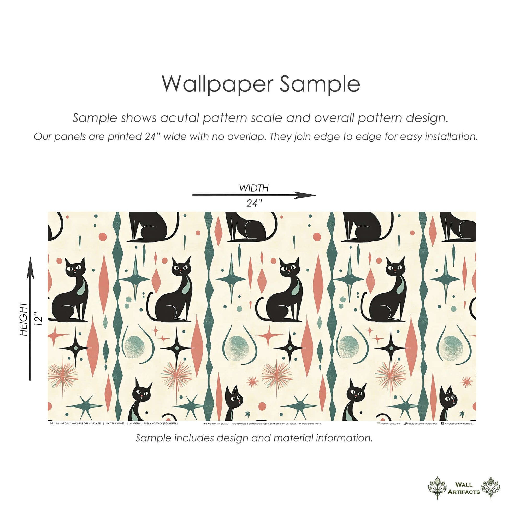 Retro-futuristic wallpaper with sleek black cats, atomic shapes, in coral and teal, perfect for mid-century modern kids' rooms and playrooms.