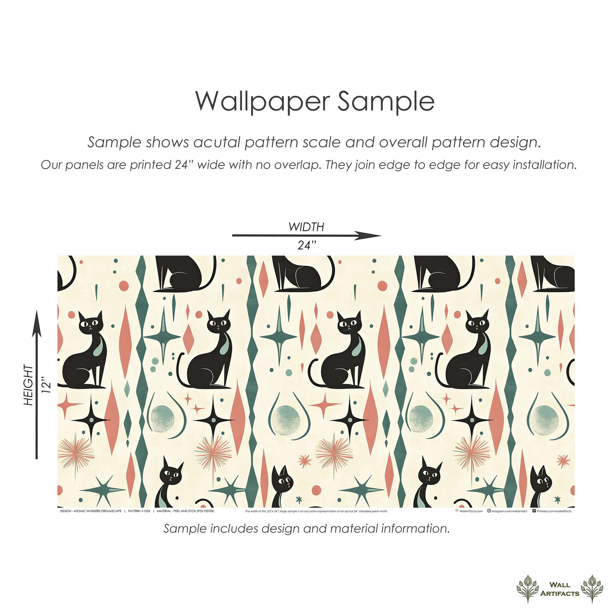 Retro-futuristic wallpaper with sleek black cats, atomic shapes, in coral and teal, perfect for mid-century modern kids' rooms and playrooms.