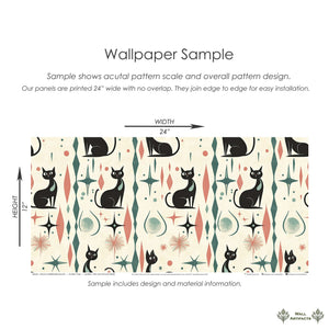 Retro-futuristic wallpaper with sleek black cats, atomic shapes, in coral and teal, perfect for mid-century modern kids' rooms and playrooms.