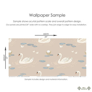 Dreamy Swan Lake wallpaper sample with swans, lily pads, and flowers in a mid-century modern design from Wall Artifacts.