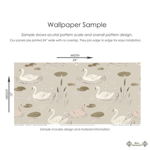 Sample of Swan Serenade Wallpaper featuring swans, lilies, and pond elements in a mid-century modern design, size 24x12 inches.