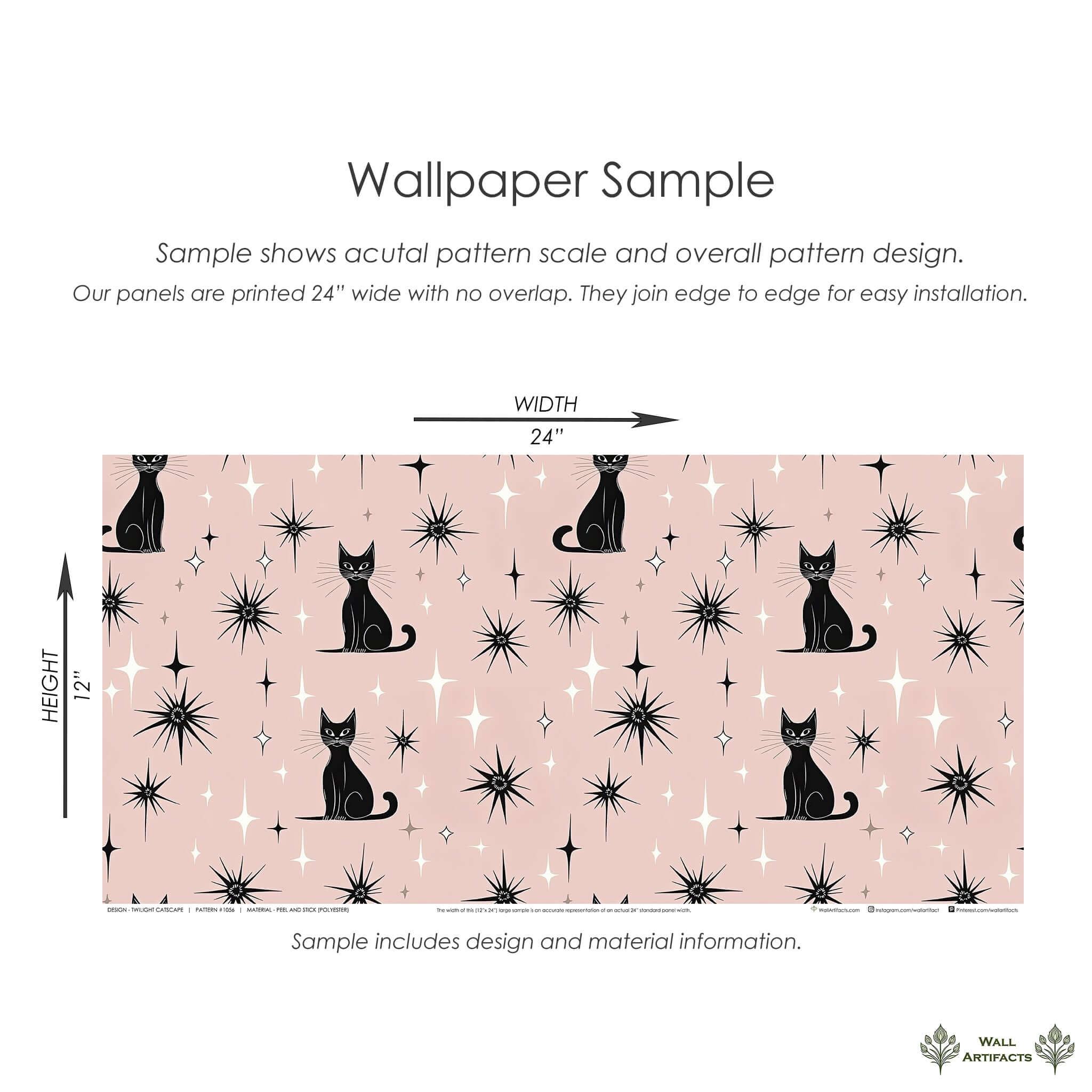 Twilight Catscape, retro-chic wallpaper with black cats and stars on a blush field perfect for nurseries and mid-century modern spaces.