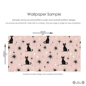 Twilight Catscape, retro-chic wallpaper with black cats and stars on a blush field perfect for nurseries and mid-century modern spaces.