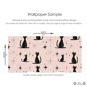 Chic mid-century modern wallpaper with black cats, starbursts, and diamonds on pink; perfect for nurseries and playrooms, 24x12 sample.