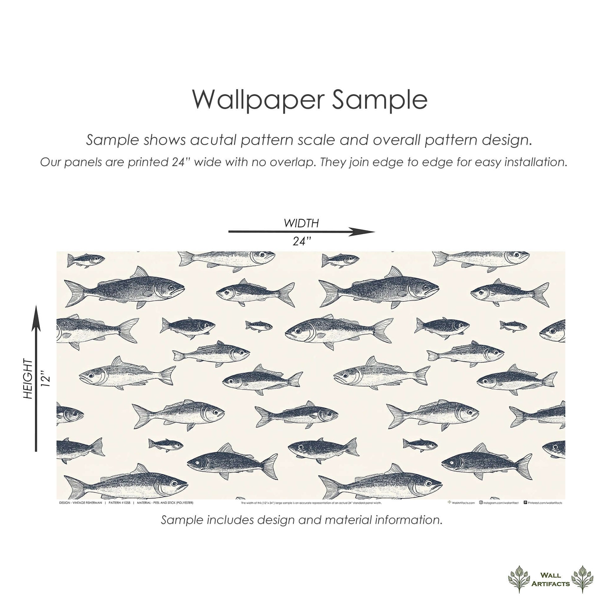 Vintage fisherman wallpaper sample with hand-drawn fish, showcasing elegant coastal ocean design for bathrooms and kitchens.