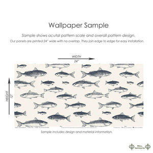 Vintage fisherman wallpaper sample with hand-drawn fish, showcasing elegant coastal ocean design for bathrooms and kitchens.