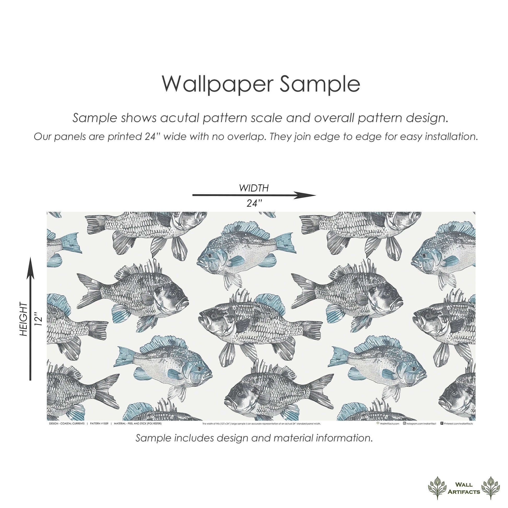Wallpaper sample featuring hand-drawn fish in coastal colors; ideal for creating an ocean-inspired, nautical look in various interiors.