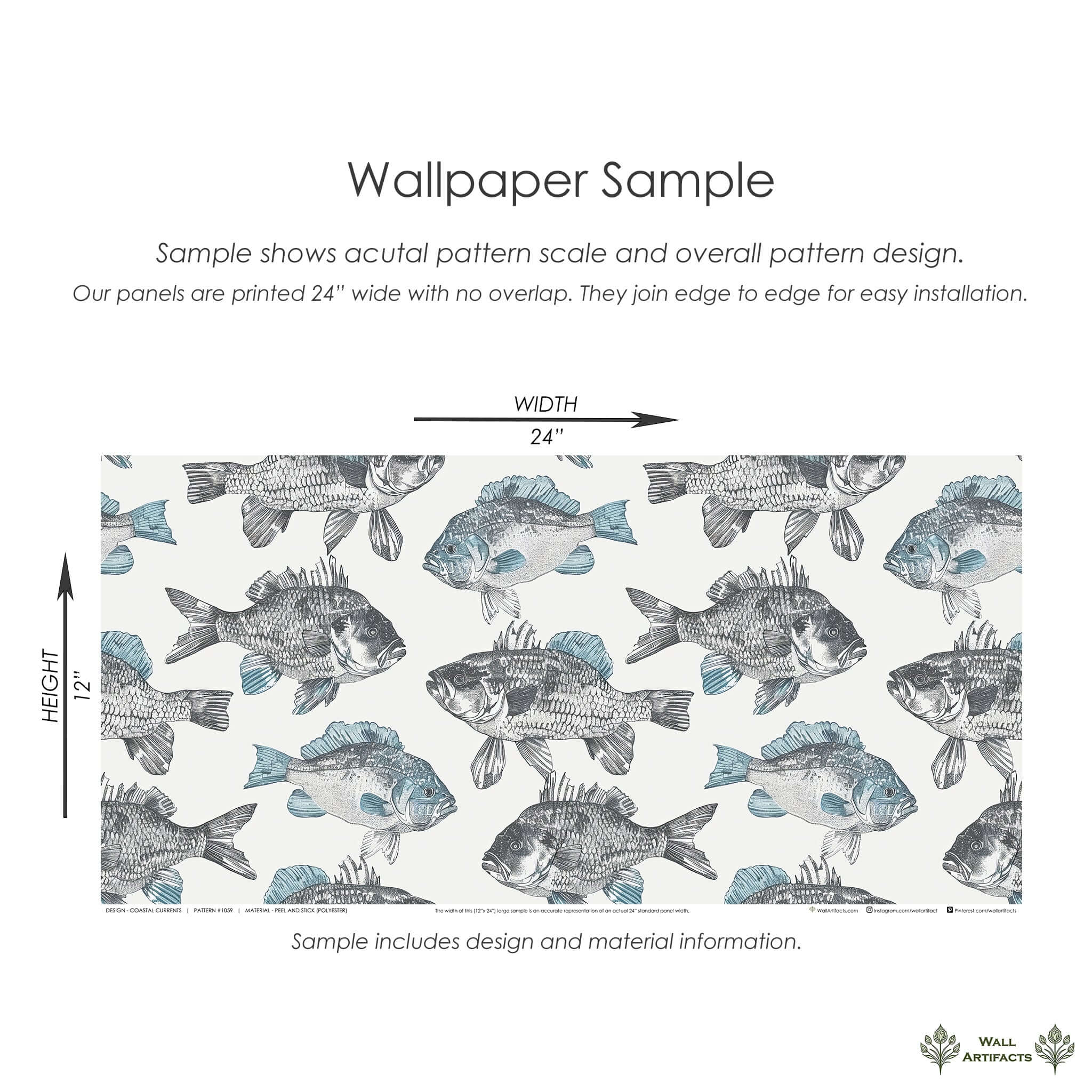 Wallpaper sample featuring hand-drawn fish in coastal colors; ideal for creating an ocean-inspired, nautical look in various interiors.