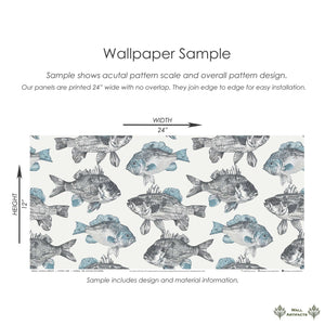 Wallpaper sample featuring hand-drawn fish in coastal colors; ideal for creating an ocean-inspired, nautical look in various interiors.