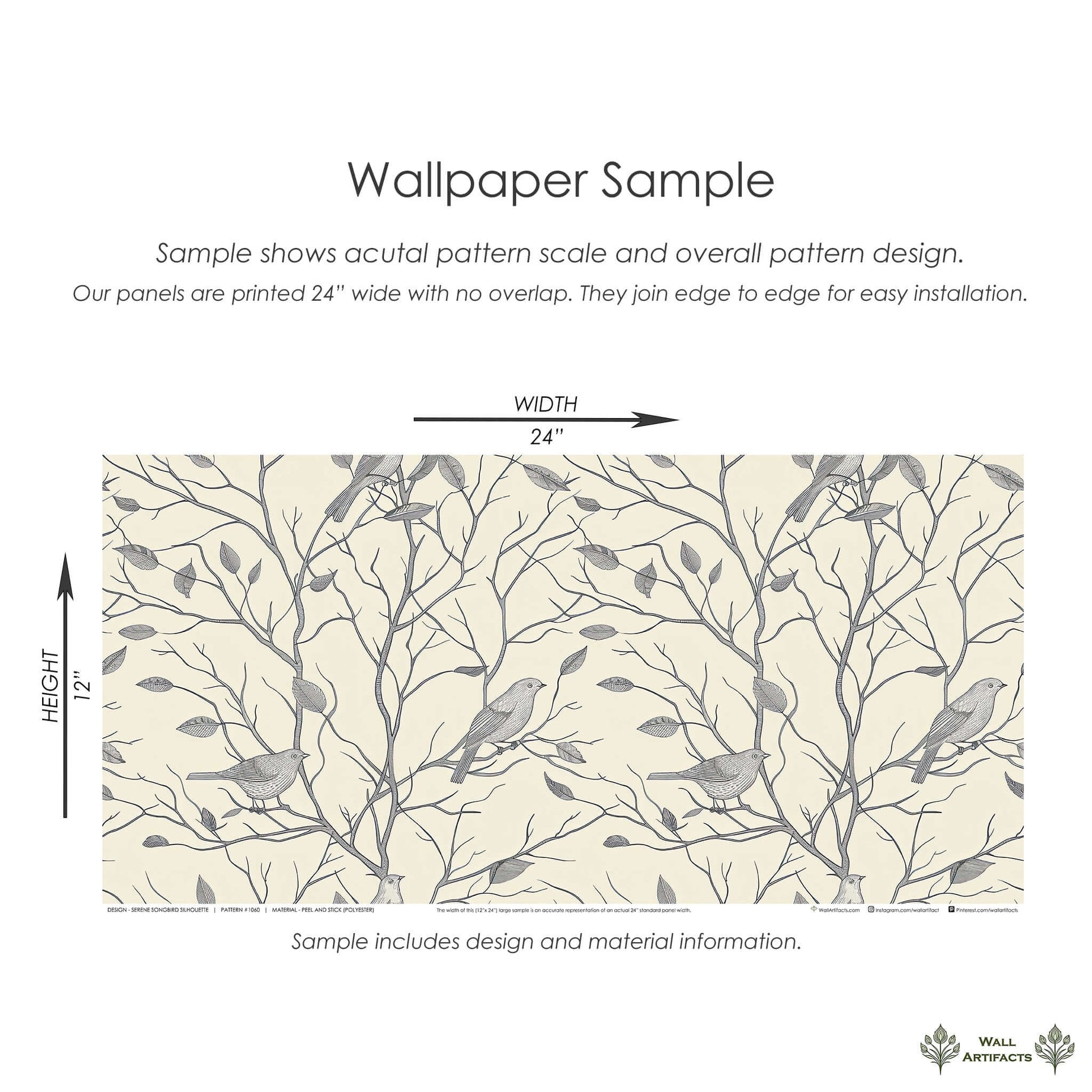 Monochromatic wallpaper with serene songbird silhouettes on intertwined branches for a calming interior atmosphere.