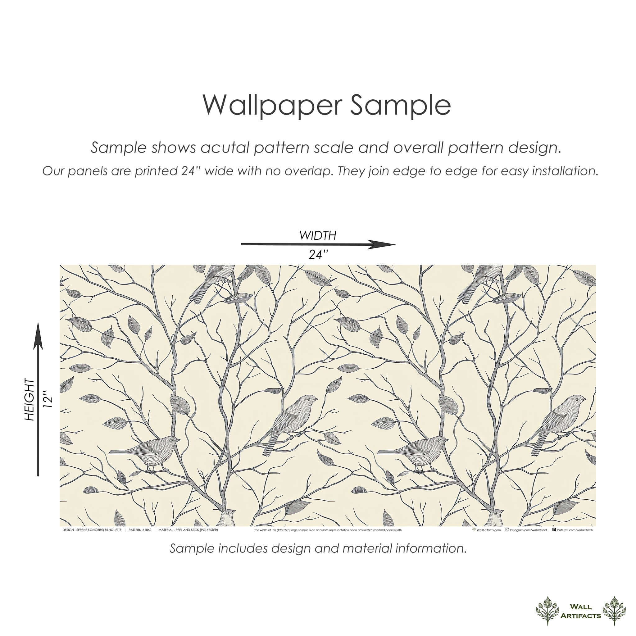 Monochromatic wallpaper with serene songbird silhouettes on intertwined branches for a calming interior atmosphere.