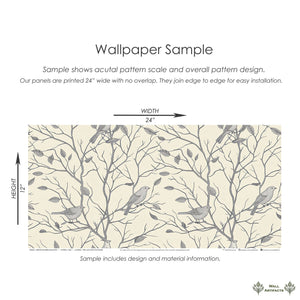 Monochromatic wallpaper with serene songbird silhouettes on intertwined branches for a calming interior atmosphere.
