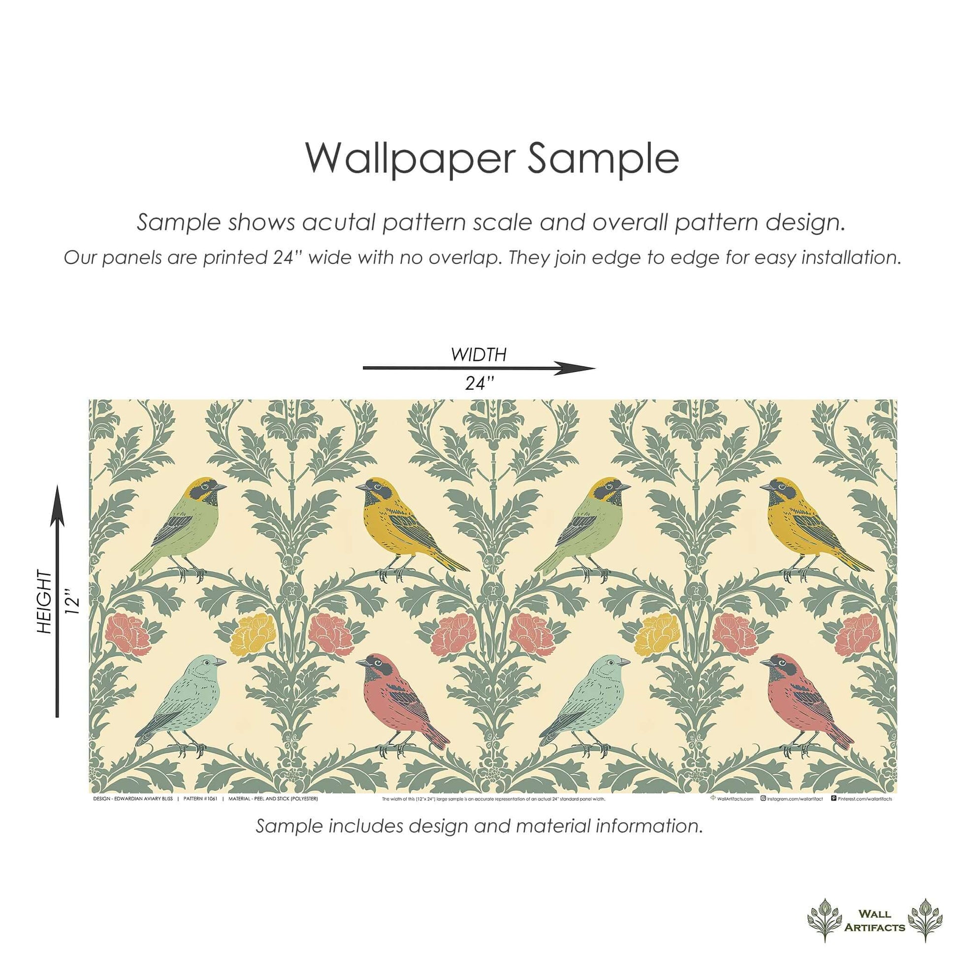 Edwardian Aviary Bliss Wallpaper Sample featuring songbirds and floral damask in vintage style, 24x12 inches by Wall Artifacts.